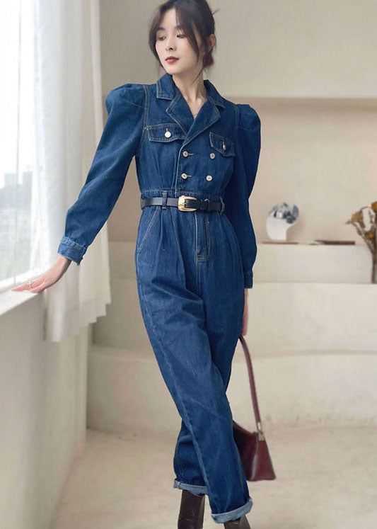 Eleganter dunkelblauer Denim-Jumpsuit mit Puffärmeln