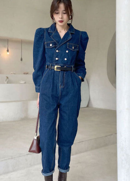 Eleganter dunkelblauer Denim-Jumpsuit mit Puffärmeln