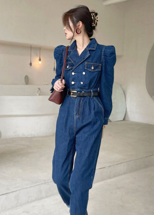 Eleganter dunkelblauer Denim-Jumpsuit mit Puffärmeln