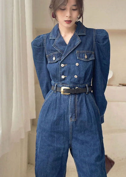 Eleganter dunkelblauer Denim-Jumpsuit mit Puffärmeln