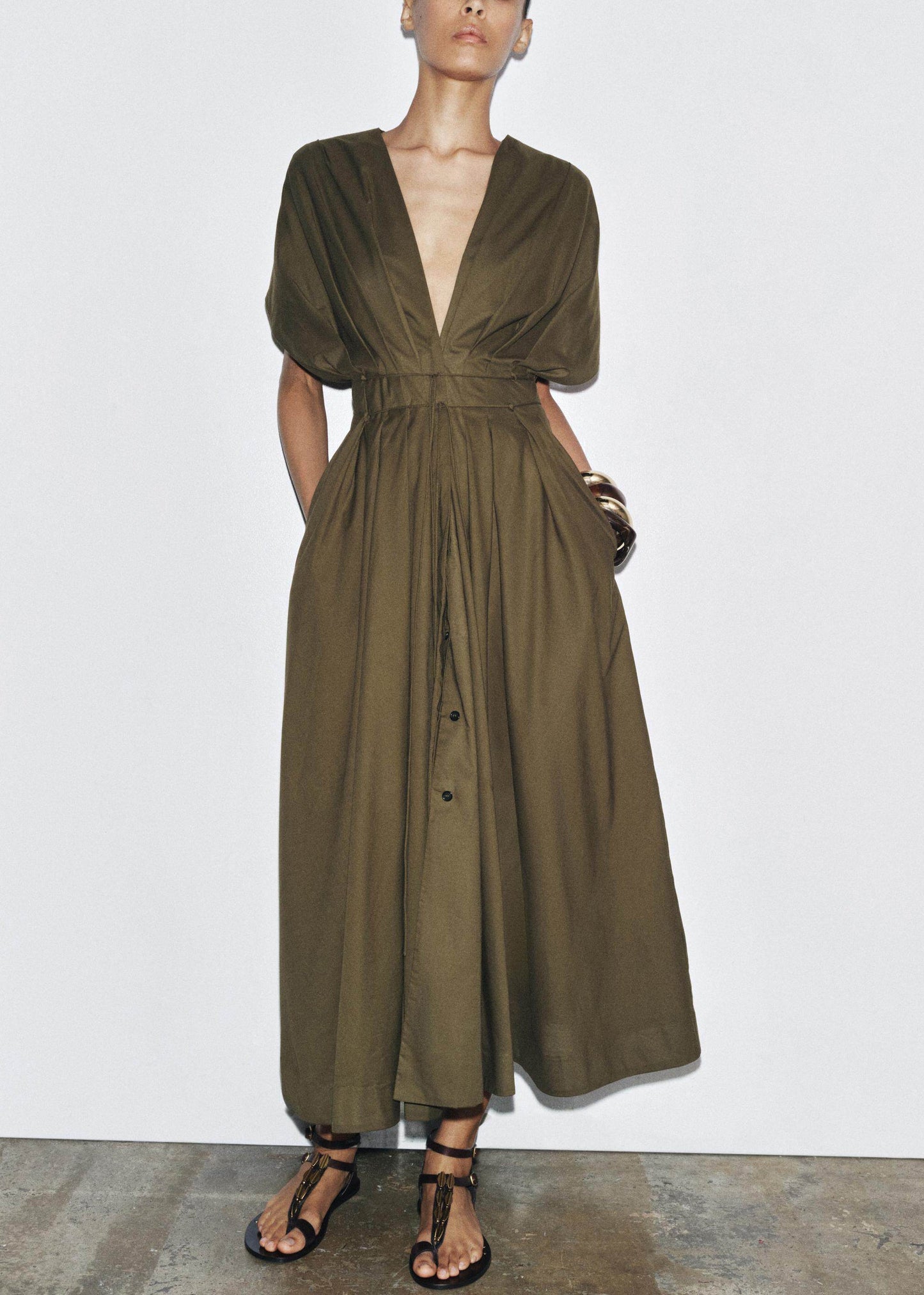 Elegant Dark Green V Neck Lace Up Wrinkled Cotton Dress Summer