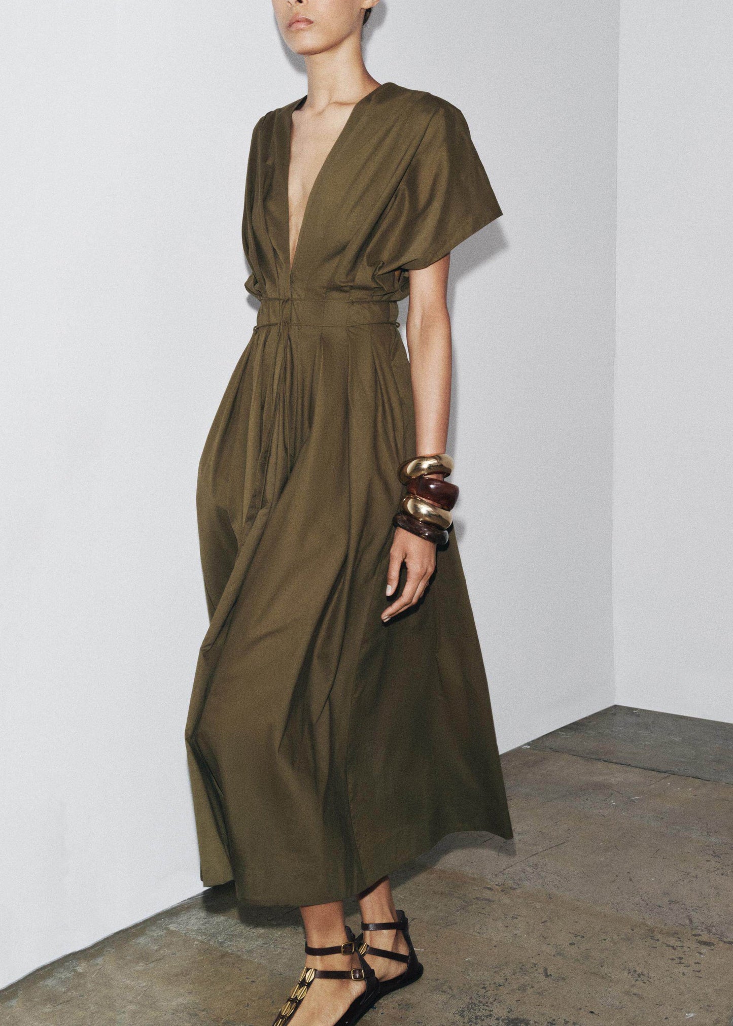 Elegant Dark Green V Neck Lace Up Wrinkled Cotton Dress Summer