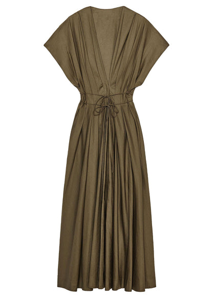 Elegant Dark Green V Neck Lace Up Wrinkled Cotton Dress Summer