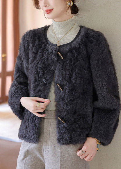 Elegant Dark Grey O-Neck Thick Faux Fur Coat Winter