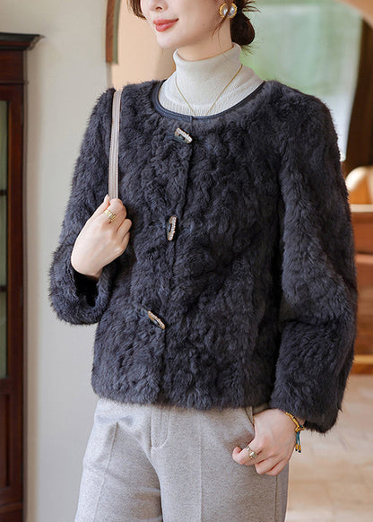 Elegant Dark Grey O-Neck Thick Faux Fur Coat Winter