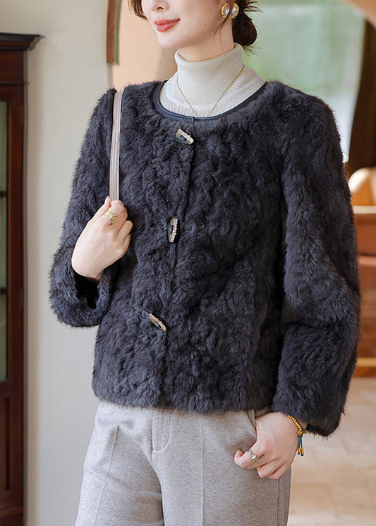 Elegant Dark Grey O-Neck Thick Faux Fur Coat Winter