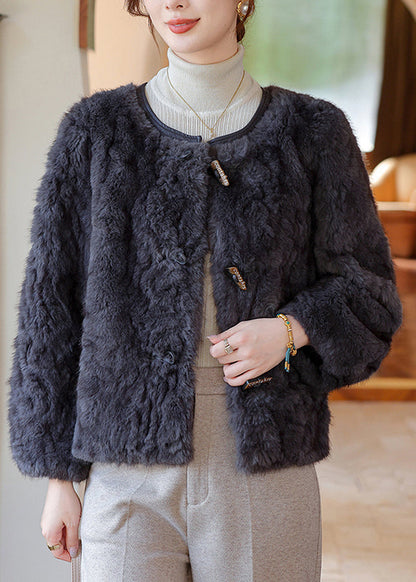 Elegant Dark Grey O-Neck Thick Faux Fur Coat Winter