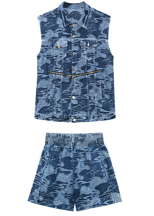 Elegante Denim Blau Lose Taste reißverschluss Print Herbst Zwei Stück Set Frauen Kleidung Ärmellose