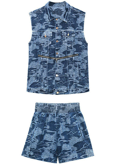 Elegante Denim Blau Lose Taste reißverschluss Print Herbst Zwei Stück Set Frauen Kleidung Ärmellose