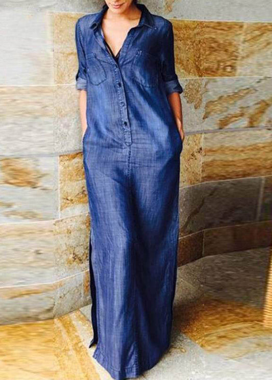 Elegant Denim Blue Peter Pan Collar Patchwork Pockets Maxi Shirts Dresses Long Sleeve