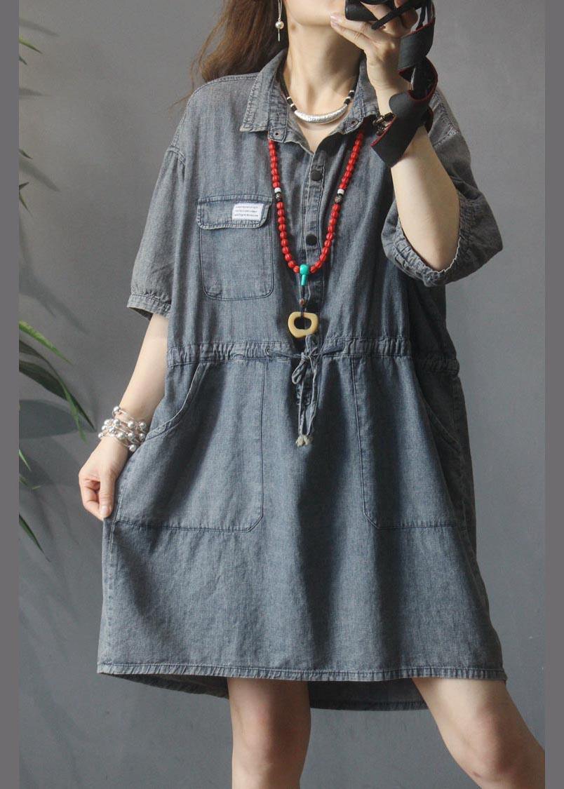 Elegant Denim tie waist Turn-down Collar Maxi Summer Cotton Dress - SooLinen