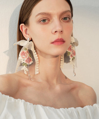 Elegant Embroidered Rose Mesh Dangle With Crystal Tasseled Pendant Earrings