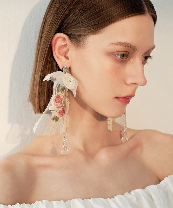 Elegant Embroidered Rose Mesh Dangle With Crystal Tasseled Pendant Earrings