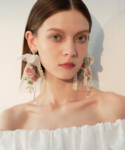 Elegant Embroidered Rose Mesh Dangle With Crystal Tasseled Pendant Earrings