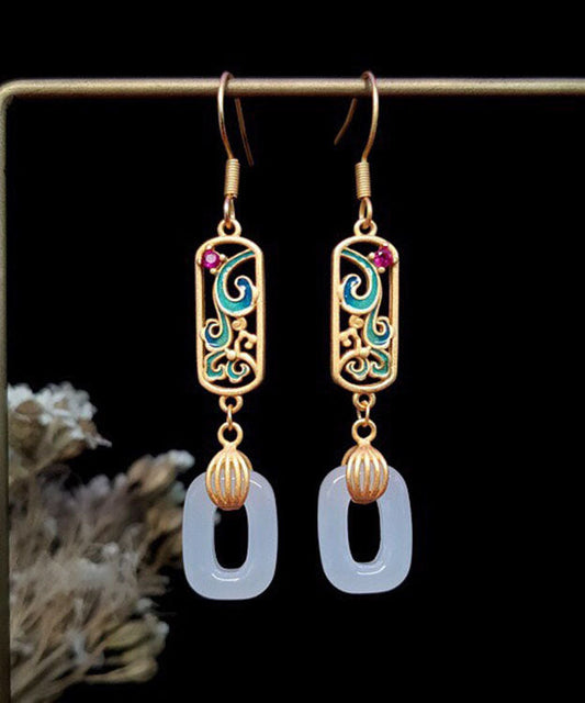 Elegantes pendientes colgantes con hebilla de ping esmaltada de jade y oro antiguo