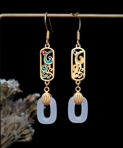 Elegantes pendientes colgantes con hebilla de ping esmaltada de jade y oro antiguo