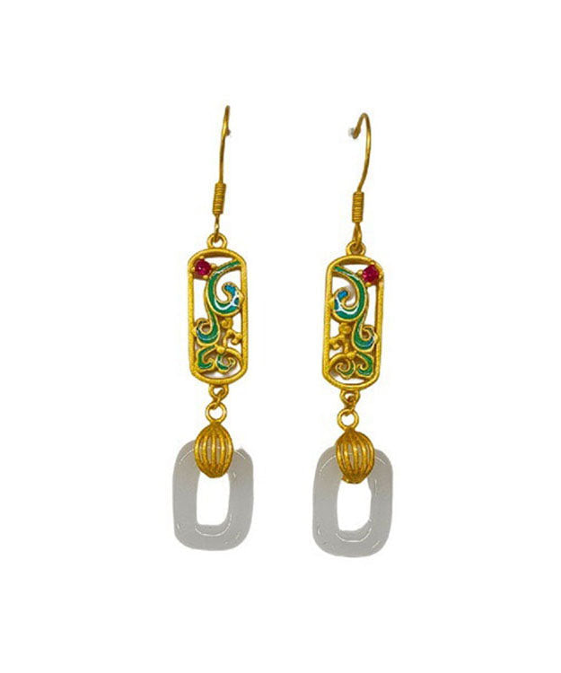 Elegantes pendientes colgantes con hebilla de ping esmaltada de jade y oro antiguo