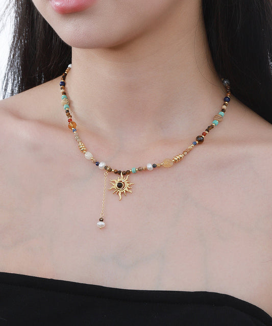 Elegant Gold Copper Allopy Pearl Agate Tiger's Eye Stone Pendant Necklace