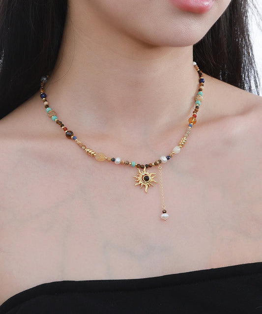 Elegant Gold Copper Allopy Pearl Agate Tiger's Eye Stone Pendant Necklace