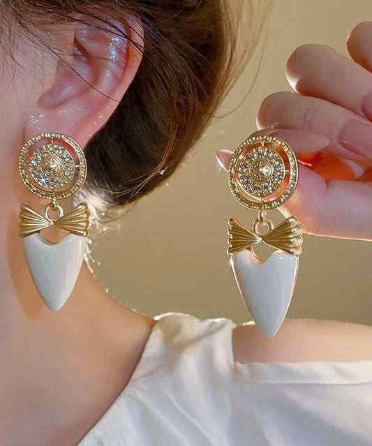 Elegantes pendientes colgantes con lazo de circonitas y aleación de cobre y oro