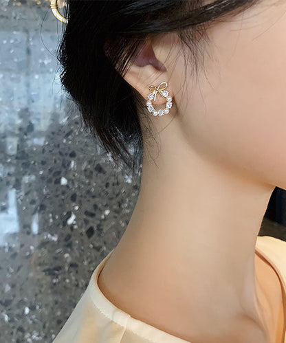 Elegantes pendientes de aro con lazo de perlas y circonitas de aleación de cobre y oro