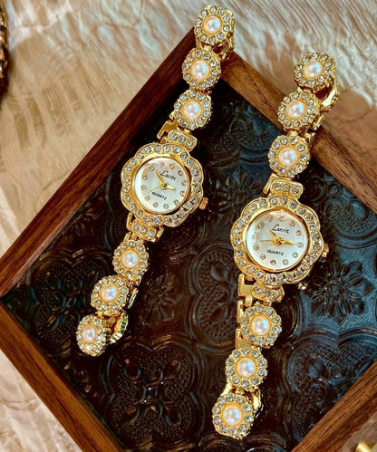 Elegant Gold Stainless Steel Zircon Floral Pearl Watches