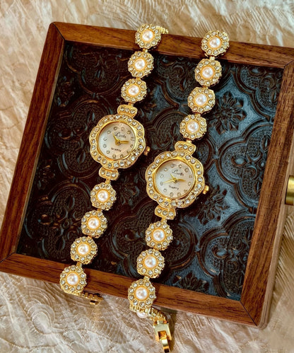 Elegant Gold Stainless Steel Zircon Floral Pearl Watches