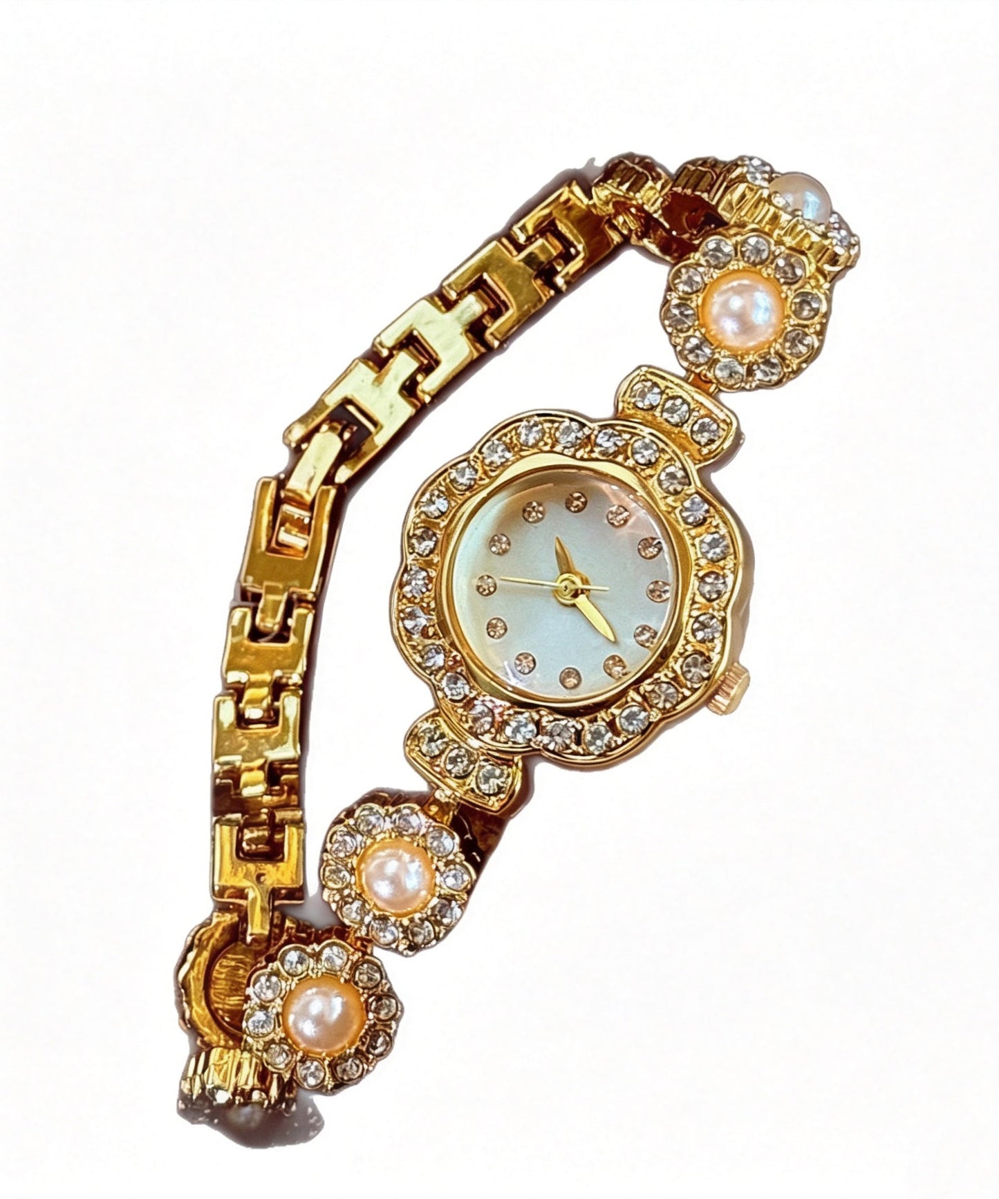 Elegant Gold Stainless Steel Zircon Floral Pearl Watches
