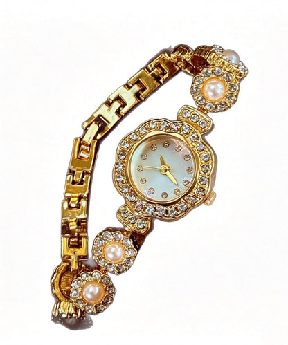 Elegant Gold Stainless Steel Zircon Floral Pearl Watches