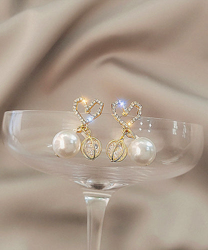 Elegantes pendientes colgantes de perla con circonitas y aleación de plata esterlina y oro