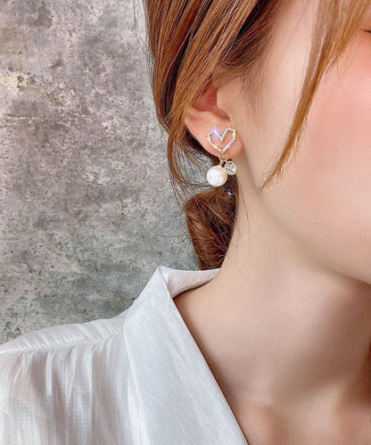 Elegantes pendientes colgantes de perla con circonitas y aleación de plata esterlina y oro