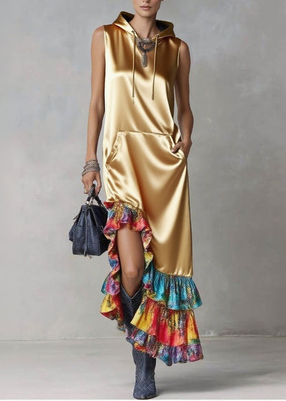 Elegant Golden Asymmetrical Patchwork Ruffles Silk Hooded Dresses Sleeveless