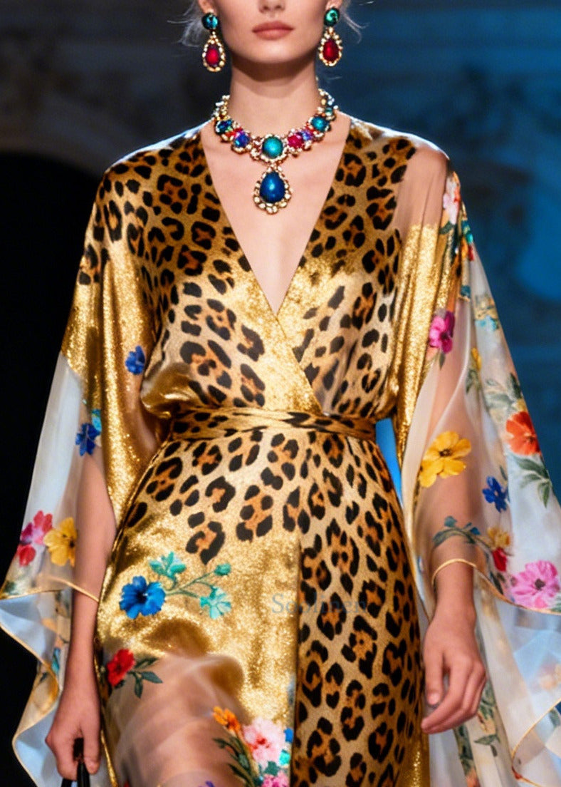 Elegant Golden Asymmetrical Print Chiffon Dresses Summer