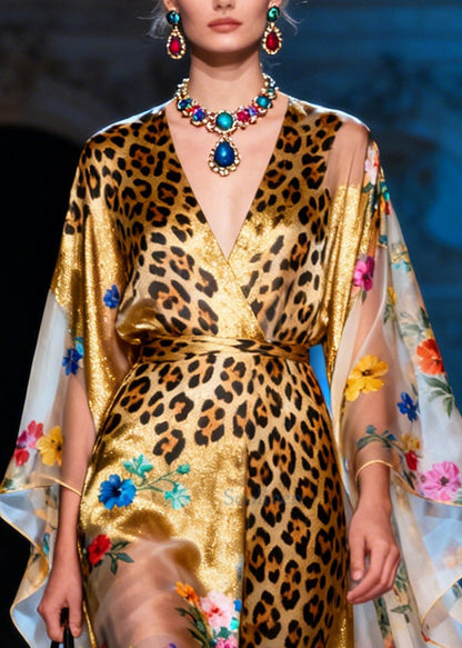 Elegant Golden Asymmetrical Print Chiffon Dresses Summer