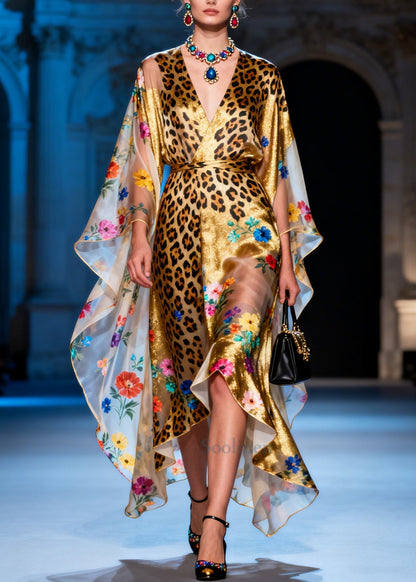 Elegant Golden Asymmetrical Print Chiffon Dresses Summer