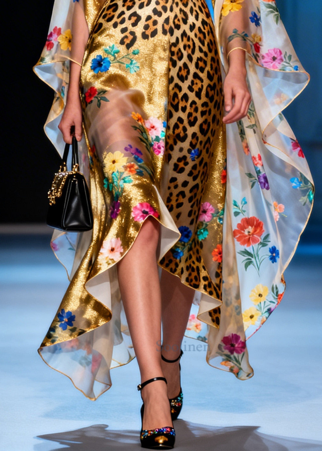 Elegant Golden Asymmetrical Print Chiffon Dresses Summer