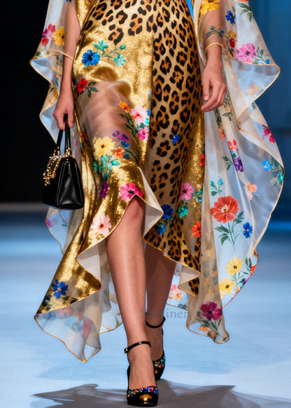 Elegant Golden Asymmetrical Print Chiffon Dresses Summer