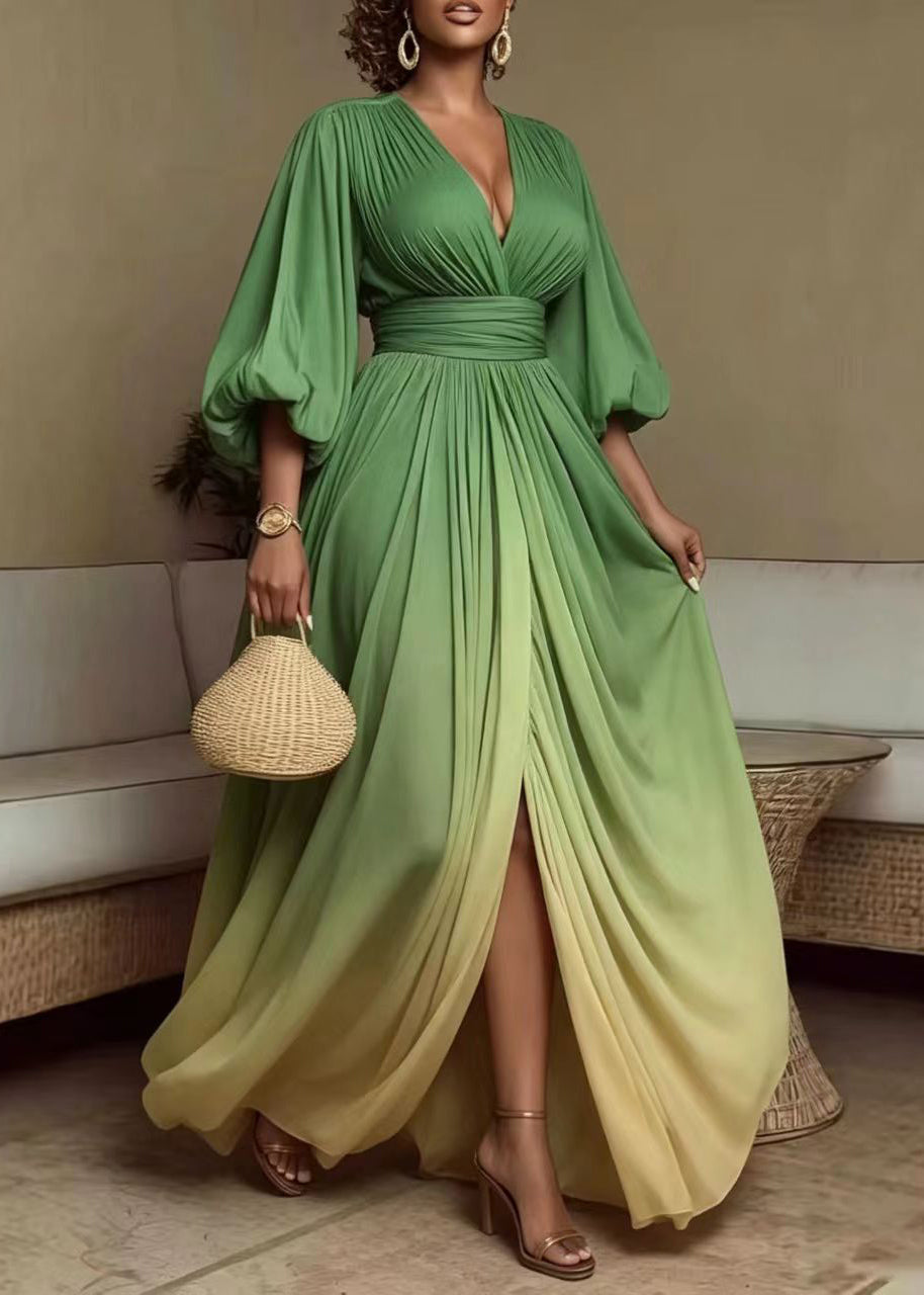 Elegant Gradient Color Green Asymmetrical  Dress Puff Sleeve
