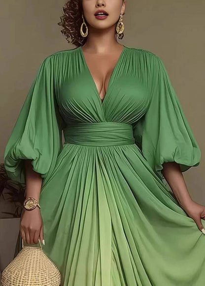 Elegant Gradient Color Green Asymmetrical  Dress Puff Sleeve