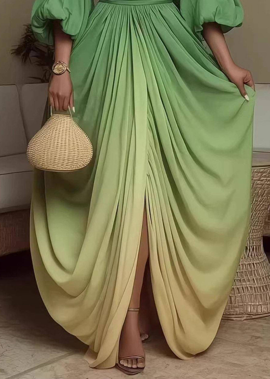 Elegant Gradient Color Green Asymmetrical  Dress Puff Sleeve