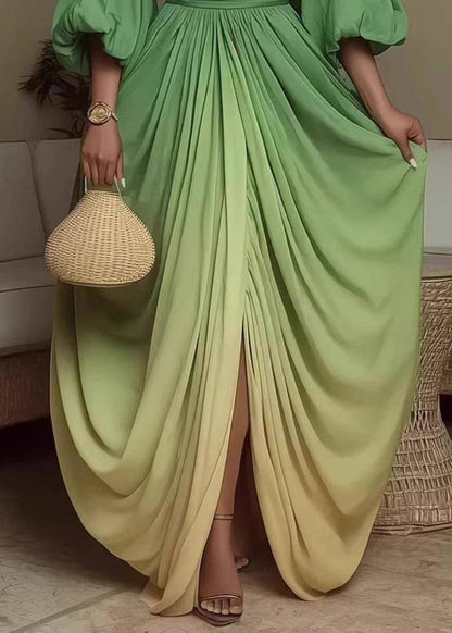 Elegant Gradient Color Green Asymmetrical  Dress Puff Sleeve