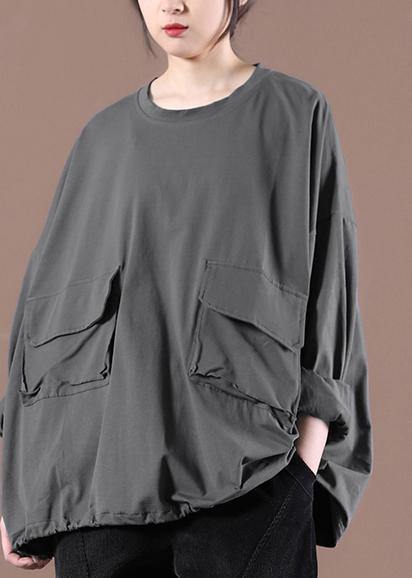 Elegant Gray Cinched Pockets Loose Sweatshirts Top - SooLinen