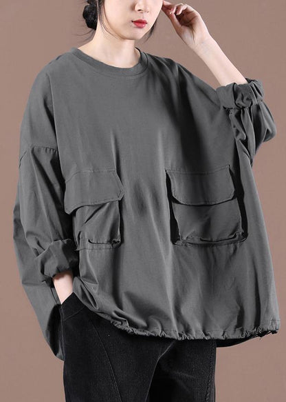 Elegant Gray Cinched Pockets Loose Sweatshirts Top - SooLinen