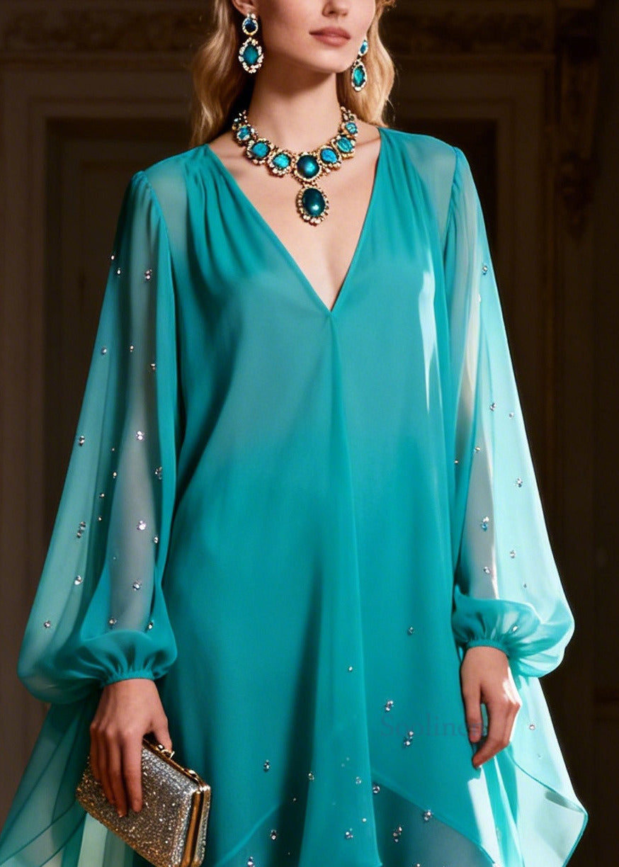 Elegant Green Asymmetrical Rhinestone Chiffon Holiday Dress Summer