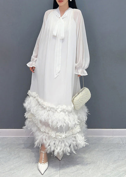 Elegant Green Bow Patchwork Floral Tassel Chiffon Long Dresses Fall