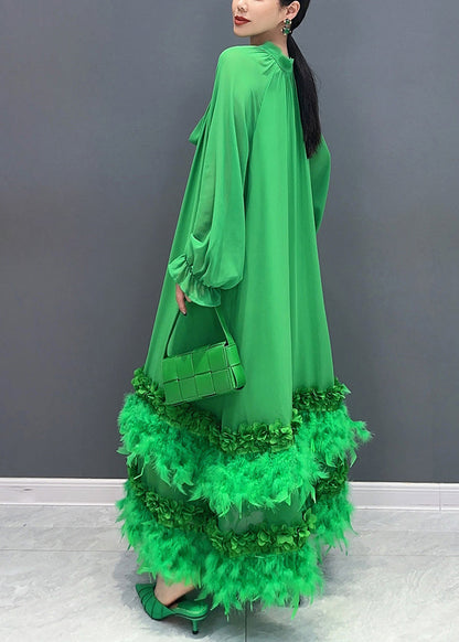 Elegant Green Bow Patchwork Floral Tassel Chiffon Long Dresses Fall