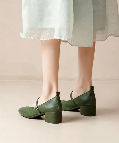Elegant Green Buckle Strap Faux Leather Chunky High Heels