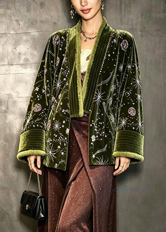 Elegant Green Embroidered Sequins Velvet Warm Fleece Coat Winter