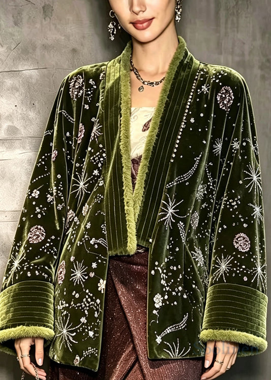 Elegant Green Embroidered Sequins Velvet Warm Fleece Coat Winter