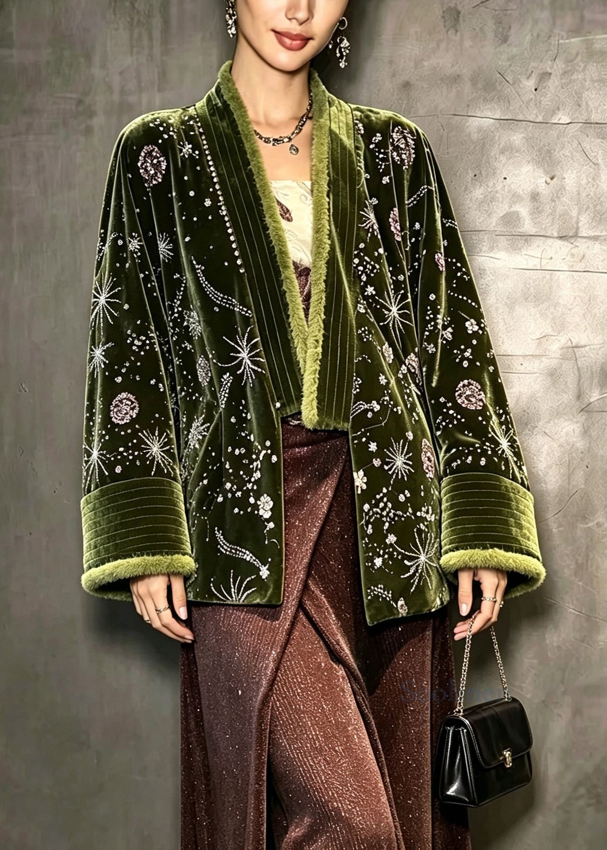 Elegant Green Embroidered Sequins Velvet Warm Fleece Coat Winter